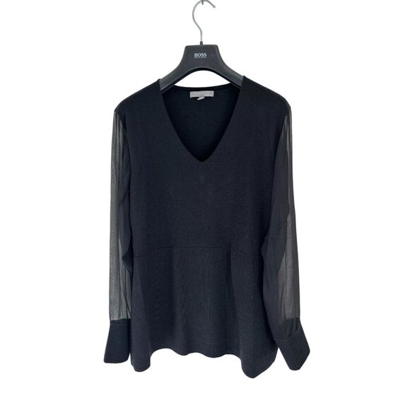 Neiman Marcus Black V-Neck Long Sleeve Sweater With Sheer Silk Sleeves - Picture 1 of 6